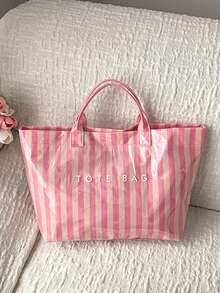 Colorful Striped Tote Bag, Large Capacity PVC Transparent Beach Bag, Fashion Holiday Handbag For Women - Baby Pink - View 10