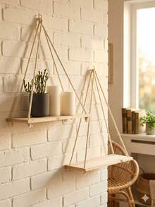 2 piezas/1 pieza Estantes flotantes de pared de madera, Tablero de almacenamiento de tela de estilo bohemio, Adecuado para sala de estar, dormitorio, baño, cocina, decoración del hogar, decoración de la habitación, decoración de pared, regalos para vacaciones, de vuelta a la escuela - Beis - Ver 8