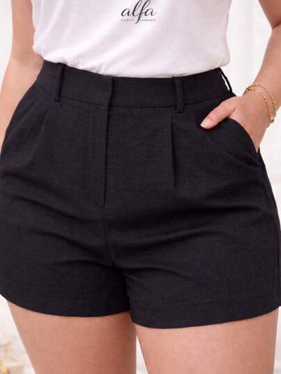 Short curvy cey plus size tallas extra mujer dama elegante sastre tiro alto pinzas frontales bolsillos ligero formal verano diario cómodo fresco ligero pimavera moderno juvenil oficina vacaciones outfit casual negro sólido