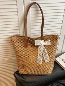 Summer Beach Vacation Straw Shoulder Bag, Large Capacity Bucket Bag For Women - Khaki - View 8