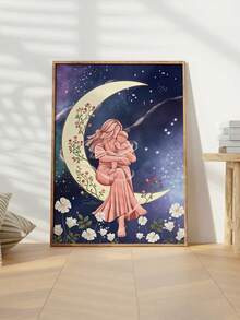 1幅以治愈系浪漫母爱为主题的装饰艺术画：艺术海报，描绘了星空、新月、野花和一位抱着宝宝的母亲——波西米亚风格。非常适合儿童房、婴儿房、客厅和卧室的墙面装饰。无框。 - 抽象 - 查看 2