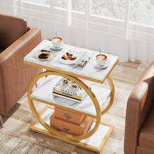 LITTLE TREE End Table With Storage Shelves, 3-Tier Wooden Industrial Sofa Side Table With Black Metal Frames For Living Room, Slim Nightstand And Bedside Table For Bedroom, White & Gold - 白色和金色 - 查看 4