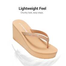 Women Wedge Flip Flops Platform Thong Sandals Summer Vacation Rhinestones Arch Support Comfortable Soft Cushion EVA Wedge Sandals - Apricot - View 5