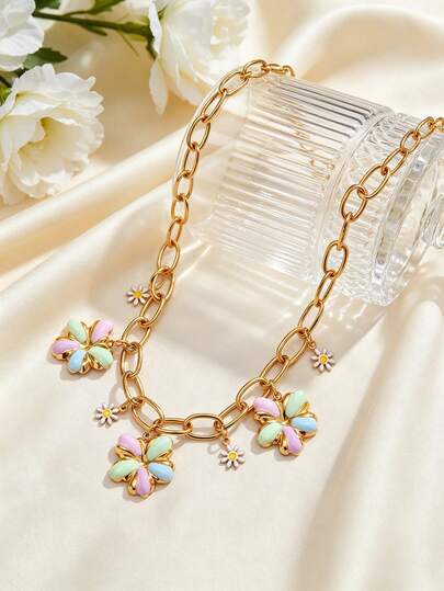 1PC Sweet Lovely Colorful Enamel Flower Pendant Necklace 18K Gold Plated Stainless Steel Fashion Charming Summer Beach Vacation Jewelry For Women Gifts