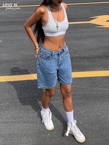 Women's Casual Loose Bermuda Denim Shorts With Pockets Summer - Medium Wash - View 4