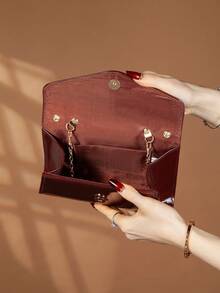 可爱迷人的简约PU材质方形包，磁扣开合，优雅时尚的手拿包，适合女士生日派对、晚宴等场合的单肩包 - 棕色 - 查看 7