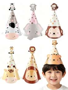 6pcs Cute Animal Paper Hats,Jungle Animal Birthday Party Decorative Hats,Baby Shower Party Hats,1st Birthday Party Accessories,Photo Props,Boy Girl 1st Birthday Decor,Gender Reveal DecorWild One Birthday Hat,Baby Birthday Party Supplies,Jungle Animal Party Decor, Birthday Gift,Baby Shower Gift,Party Favor - Animal - View 1