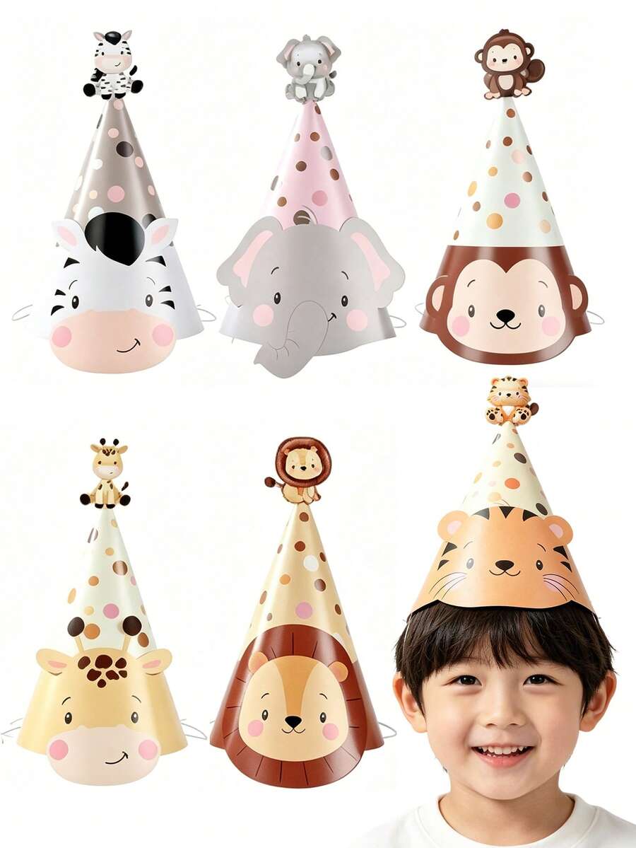 6pcs Cute Animal Paper Hats,Jungle Animal Birthday Party Decorative Hats,Baby Shower Party Hats,1st Birthday Party Accessories,Photo Props,Boy Girl 1st Birthday Decor,Gender Reveal DecorWild One Birthday Hat,Baby Birthday Party Supplies,Jungle Animal Party Decor, Birthday Gift,Baby Shower Gift,Party Favor - Animal - View 1