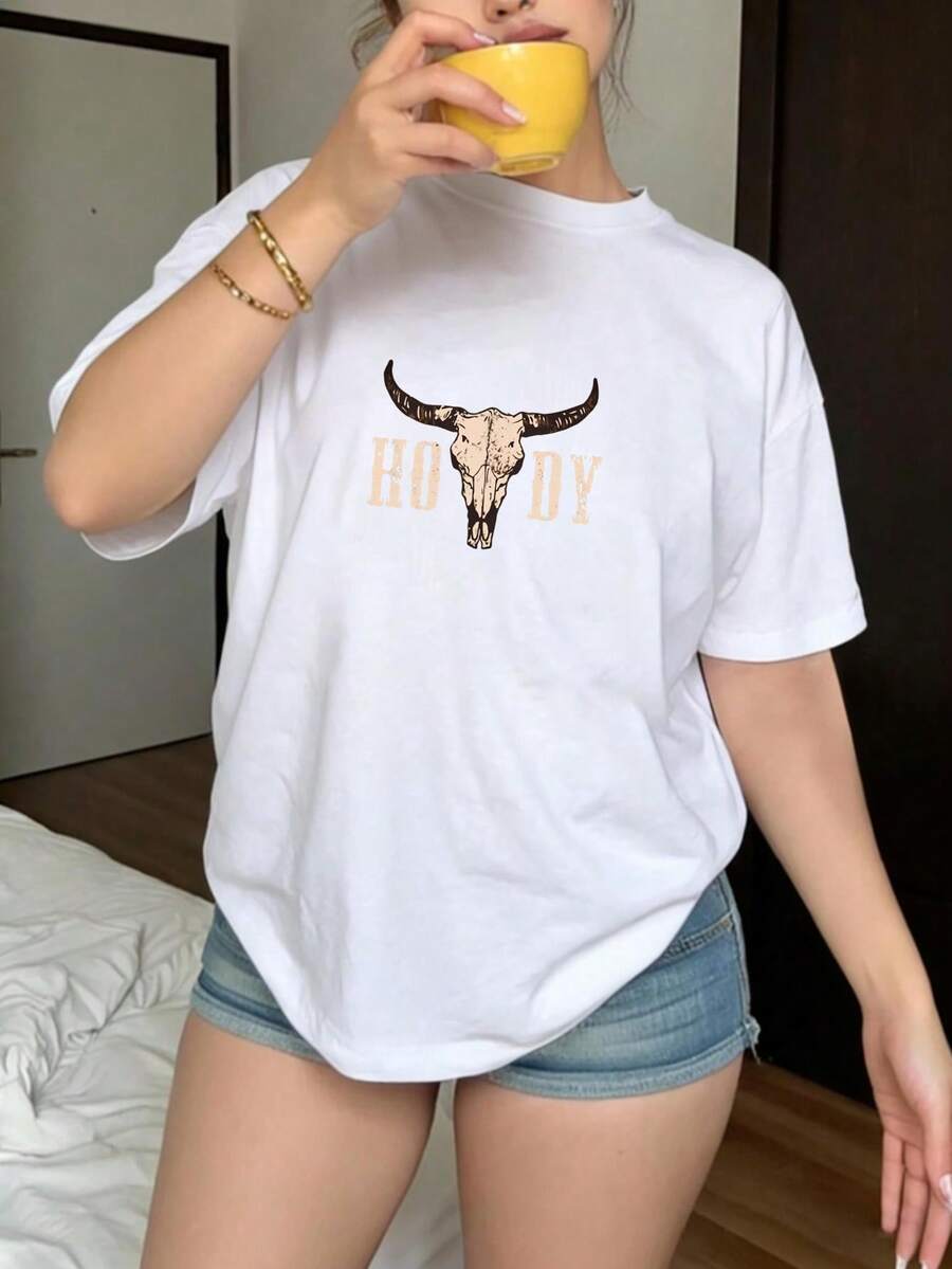 1pc Women's T-Shirt, Short Sleeve T-Shirt With Bull Skull Print And HOLIDAY Text For Casual Use, Graphic Tees, Vintage T-Shirts, 180g 100% Cotton (PP-3XL) - 軍綠色 - 查看 1