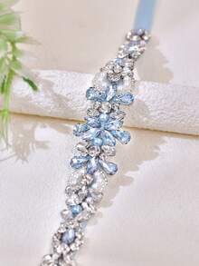 1 pièce Écharpe de robe de mariée, ceinture en satin à décoration de cristal bleu clair abordable, ceinture de taille royale, accessoire de mariage fait main, fine - ruban bleu clair - Voir 4