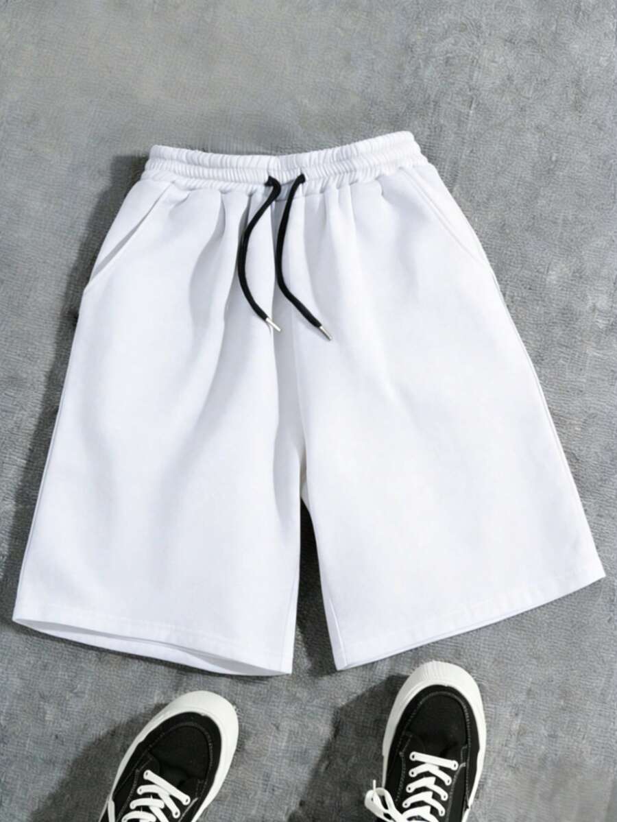 青少年/男童宽松纯色短裤,夏季休闲宽松品牌运动短裤 - 白色 - 查看 1