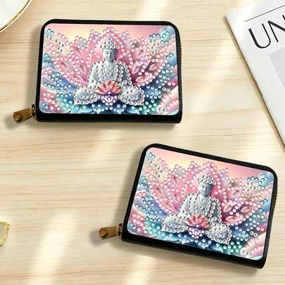 1件莲花佛像图案钻石画卡包钱包，DIY钻石画艺术套装，大容量，多卡位，拉链封口，时尚设计，节日和日常使用的完美礼物，简约卡包钱包，耐用PU皮革材质，适合旅行和日常使用，时尚复古夹扣式短款钱包，多卡位信用卡夹，身份证夹，创意节日和生日礼物的最佳选择
