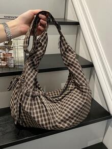 Bolso de hombro y bandolera multifuncional de diseño único de moda, de alta calidad, a cuadros, con cordón y forma de empanadilla, para uso diario y desplazamientos - Marrón - Ver 10