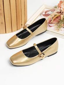 Zapatos de estilo Mary Jane con punta ancha, nueva llegada adecuada para todas las estaciones, tallas 34-44, estilo francés y versátil - Dorado - Ver 4