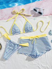 Bộ đồ bơi nữ gợi cảm, năng động, trẻ trung, tối giản, phong cách nghỉ dưỡng biển, du lịch, dự tiệc, in họa tiết toàn thân, kiểu buộc dây cổ, hàng mới về cho kỳ nghỉ xuân/hè. - Sọc xanh trắng với viền vàng - Xem 2