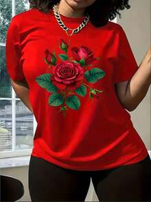 1pcs Plus Size Women's Black And Red Rose Print T-Shirt - Short-Sleeved, Round-Neck Casual Top, Burgundy Leaf And Rose Design, Lightweight And Breathable Fabric Suitable For Spring And Summer Casual Wear, Valentine's Day Outfit, Machine Washable Elegant Shirt, Bright Red Rose And Green Leaf Floral Pattern, Loose Fit To Showcase Feminine Fashion - Women's Casual Top - Comfortable And Loose New Stylish T-Shirt - 紅色 - 查看 17