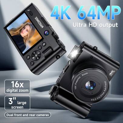  Cámara digital SONGDIAN DC218, 4K Ultra HD 64MP Vlog, con tarjeta SD de 32GB, batería de 1050mAh, zoom óptico 16X, pantalla TFT de 2.8", enfoque automático, flash LED, impresión instantánea, adecuada para adultos | Diseño compacto y portátil | Regalo perfecto para viajes, eventos familiares, fotografía, creación de contenido de vlog