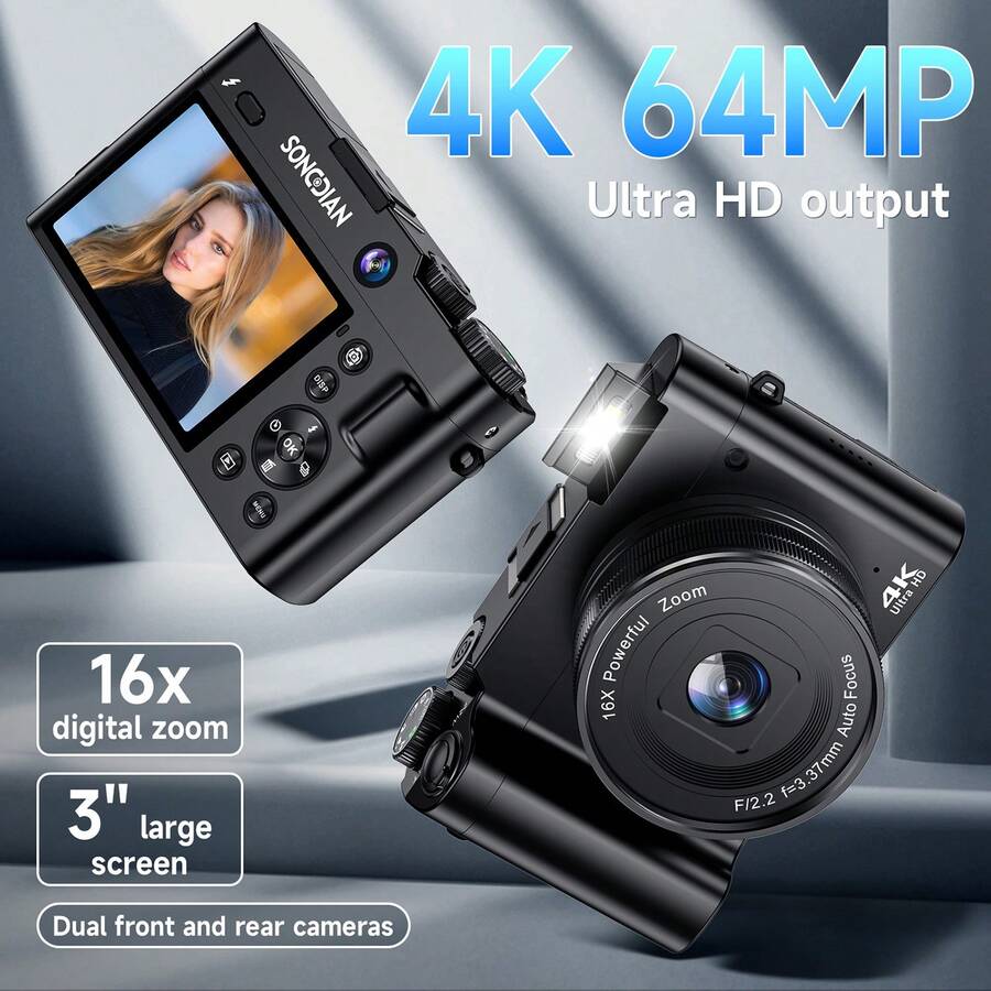 SONGDIAN 松典 DC218 数码相机，4K 超高清 64MP Vlog 相机，配备 32GB SD 卡、1050mAh 电池、16 倍光学变焦、2.8 英寸 TFT 屏幕、自动对焦、LED 闪光灯、即时打印，适合成人使用 | 小巧便携设计 | 旅行、家庭聚会、摄影、Vlog 内容创作的完美礼物