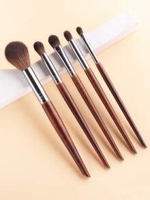 5pcs Reddish Brown Handle Makeup Brushes Set - Large Powder Brush + Eyeshadow Brush + Eyebrow Brush + Detail Brush, Full Eye Makeup Tools - Redwood - View 2