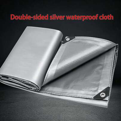 双面银涂层防水防雨篷布，加厚耐磨抗紫外线抗老化遮阳布，内置加固金属孔眼，多用途耐用防水面料，适用于户外露营防雨、庭院遮挡、卡车覆盖、家具防尘、应急防护等。
