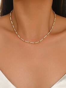 1 pieza Collar rectangular de mujer de acero inoxidable con cristales blancos, joyería de moda chapada en oro de 18K - Dorado - Ver 1