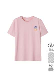 Summer New Lemon Print Short Sleeve Top, Italian "Limoncello" Style Lemon Graphic T-Shirt, Soft & Comfortable Loose Casual Fit Pink Vacation - Pink - View 4