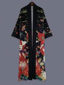 Áo khoác kimono dáng midi tay lửng 3/4 in họa tiết chim hạc và hoa thanh lịch dành cho nữ, thích hợp cho tiệc tùng, dạo phố, thường ngày, đi biển, du lịch, nghỉ dưỡng, áo choàng nhẹ, áo choàng tắm, áo choàng, trang phục biểu diễn khiêu vũ, tiệc lễ hội màu đen. - màu đen - Xem 4