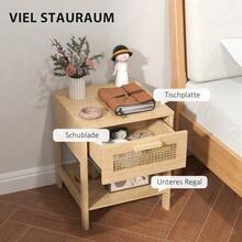 Bedside Table, Side Table, Natural Nightstand With Drawer And Open Shelf, Rattan Design, Natural Finish, 40 X 40 X 48.4 Cm - Natural Wood Color - View 5