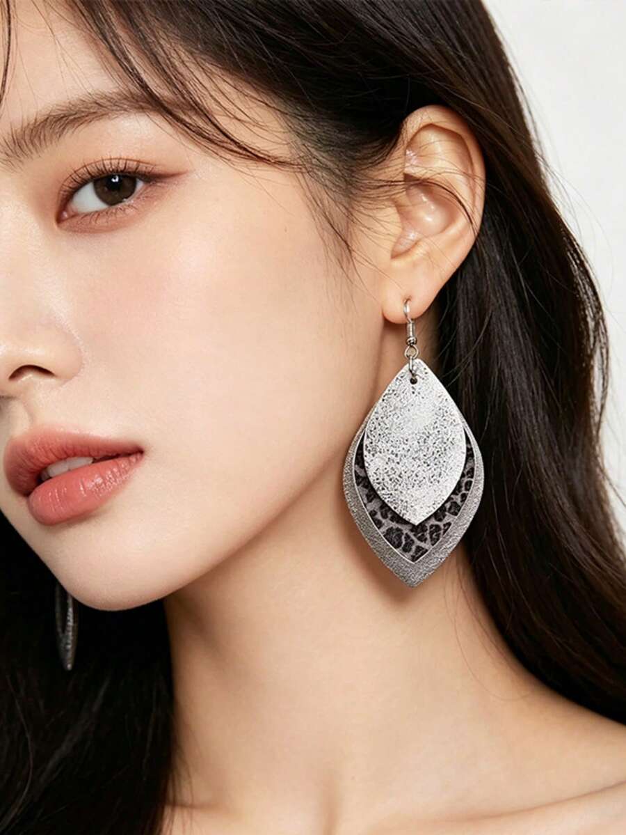 1对银色几何多层耳环，欧美时尚个性奢华耳环，百搭优雅女士耳环，新品上市 - 手工耳環 - 查看 1