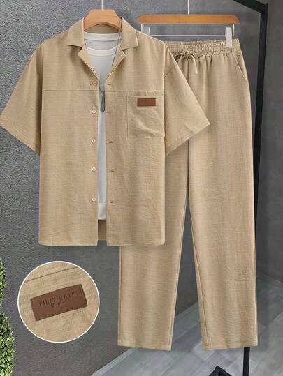 Commuter Essential, Breathable Linen-Feel Polo Shirt + Relaxed Straight Leg Pants Set, Men's Loose Fit Casual 2 Pieces Outfit