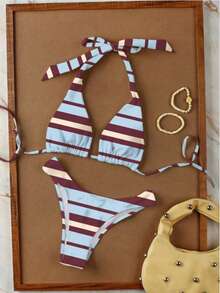 Bộ bikini hai mảnh kẻ sọc mới dành cho nữ, thích hợp cho kỳ nghỉ biển, hẹn hò, dự tiệc, kiểu buộc dây cổ, gợi cảm, kèm quần tam giác, thích hợp cho mùa xuân/hè. - Nhiều màu - Xem 2