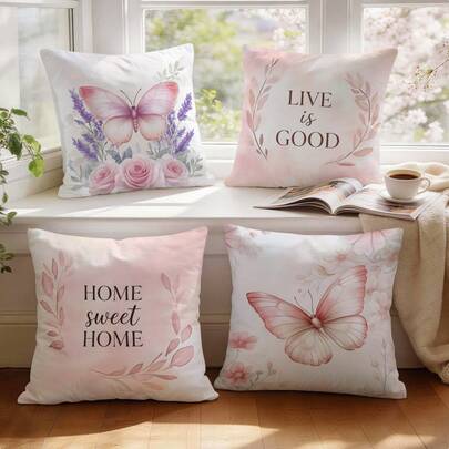 4 piezas Juego de Fundas de Cojín con Estampado Floral y de Mariposa - Fundas Decorativas de Terciopelo Melocotón Adecuadas para Sala de Estar, Sofá, Dormitorio, Sin Relleno de Cojín