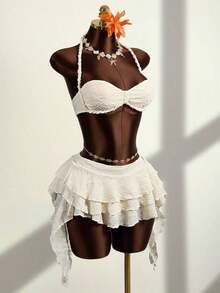 Zestiva Conjunto de traje de baño de 3 piezas para mujer con top bandeau de unicolor, cuello alto fruncido y bajo fruncido, hecho de tela especial trenzada - Albaricoque - Ver 3