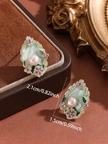 1 Pair Luxury Oval Teardrop Pearl Flower Earrings For Women, Unique High-End Design - 綠色 - 查看 4