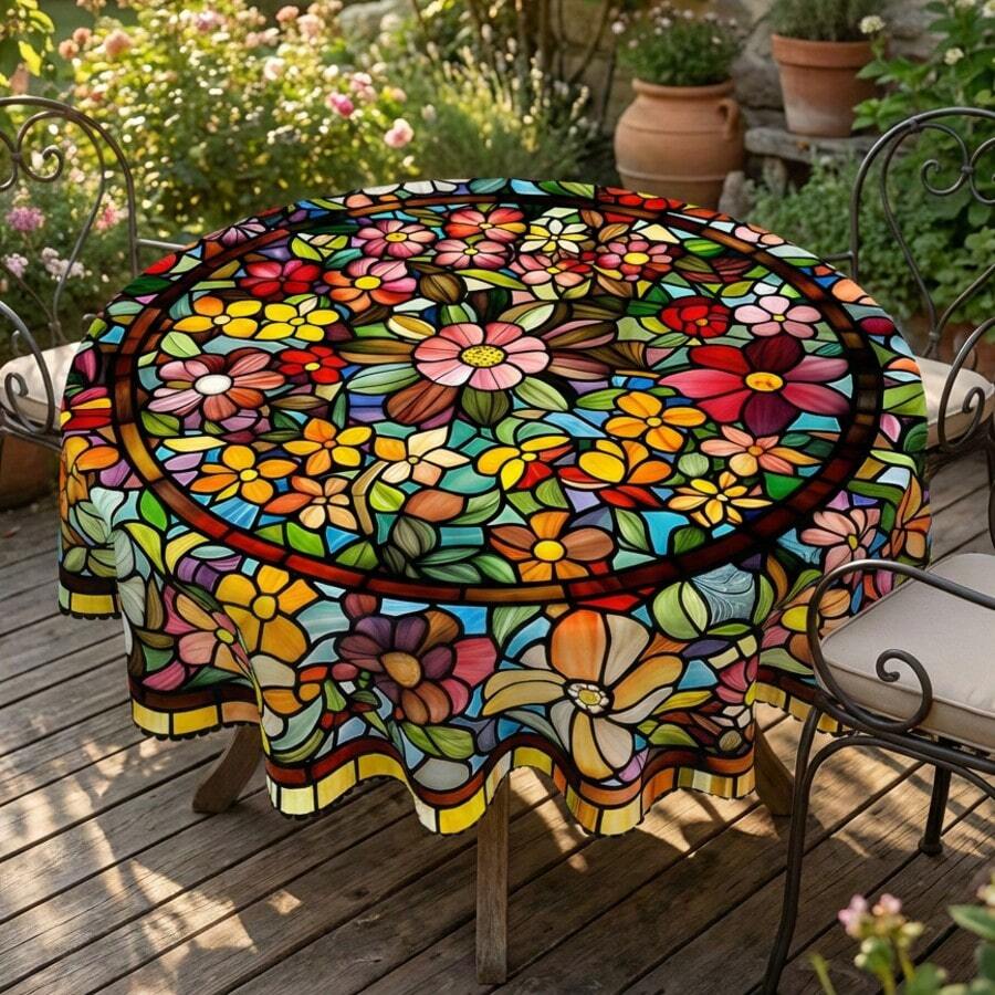 Stained Glass Floral Tablecloth, Colorful Flower Print, Perfect For Kitchen, Dinner, Parties, Holiday Celebrations & Outdoor Gatherings - A - View 1