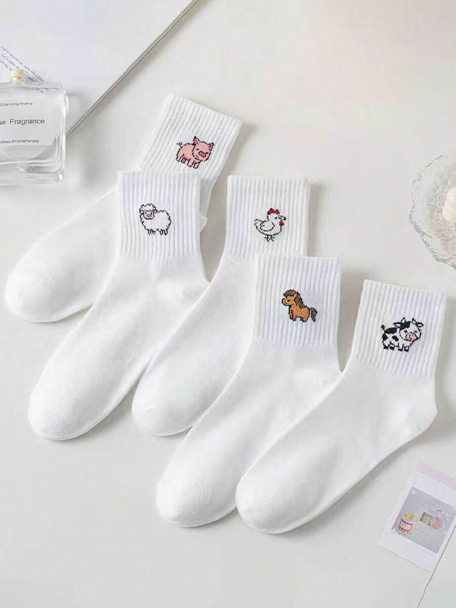 5 Pairs Unisex Cartoon Animal Print Mid-Calf Socks, Fashionable Casual Couple Socks, Versatile For All Seasons - Multicolor - View 1
