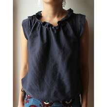 Casual Sleeveless Summer Top With Tie Neck In Solid Color Cotton And Linen - Dark Blue - View 5