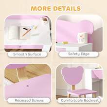 AIYAPLAY Kids Desk And Chair Set, Study Table And Chair With Storage Drawer For Drawing, Reading, Writing, Bear Theme Children Writing Table Set For Bedroom, Daycare, Playroom, Pink - Pink - View 6