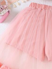 2pcs/Set Girls' 3D Rose Floral Camisole And Mesh Shorts Set, Suitable For Party And Outdoor Wear, Summer - Pink - View 8