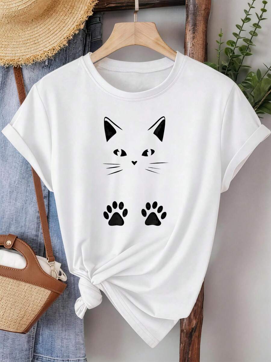 100% Pure Cotton Summer New Style Women's Short-Sleeved ShirtWomen's Summer Tops Casual Short Sleeve T Shirt Cat Face And Paw Print Design Casual Daily Wear Breathable Lightweight Fabric Women's Casual Top|Women's Summer TopMachine Washable.Ideal For Giving To Relatives, Friends, Teachers As Gifts, Or As A Thoughtful Holiday Present. - 白色 - 查看 1