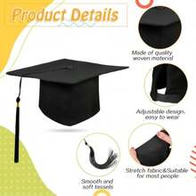 1/5 件装 黑色 2026 毕业帽 带流苏 成人升华印花帽 批发 弹性帽檐 哑光 可调节 男女学士硕士大学毕业典礼 - A - 查看 3