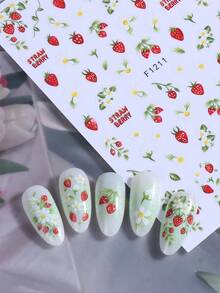 2张3D夏季草莓美甲贴纸，可爱红色水果绿色叶子设计，自粘式美甲装饰，女士DIY美甲用品 - 彩色 - 查看 5