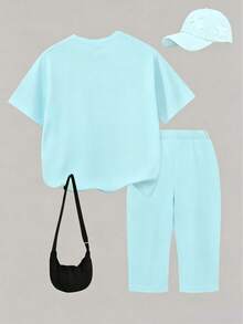 Tween Girl Bow Print Short Sleeve T-Shirt And Shorts Casual Set - Blue - View 3