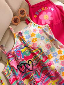 3pcs/Set Young Girls' Summer New Fashionable Cute Colorful Dopamine Floral Full Print Tie Dye Letter Print Casual Camisole Jumpsuit 3-Piece Outfit, Suitable For Outdoor Wear - Multicolor - View 4