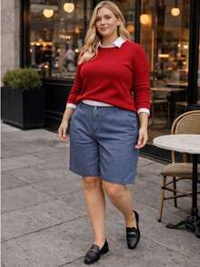 Women's Plus Size Denim Bermuda Shorts With Texture, High Waist, Pockets, Loose Fit, No Elastane, All Cotton, Basic, Elegant, Versatile, Very Comfortable - Màu xanh lam - Xem 6