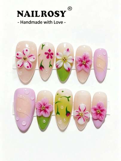 nailrosy 10pcs Handmade Acrylic Pressed 3D Flower Short Almond-Shaped Transparent Colored False Nails, Suitable For Wedding, Birthday Party, Y2K Style, Cute French Manicure