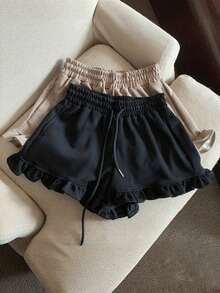 High Waist Loose Frill Trim Design Casual Sports Shorts For Women, Fashionable Wide Leg Loungewear - Black - View 4