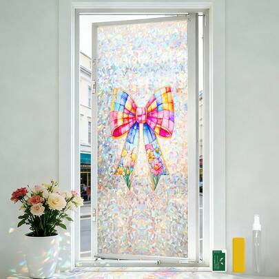  1 Tấm decal dán cửa sổ 3D cầu vồng laser tĩnh điện, 44.5x100CM (17.5"X39.4"), không cần keo, hình trăng lưỡi liềm, có thể tháo rời, decal trang trí cửa sổ hình thỏ nơ kính màu cho cửa kính nhà, kèm dụng cụ lắp đặt miễn phí.