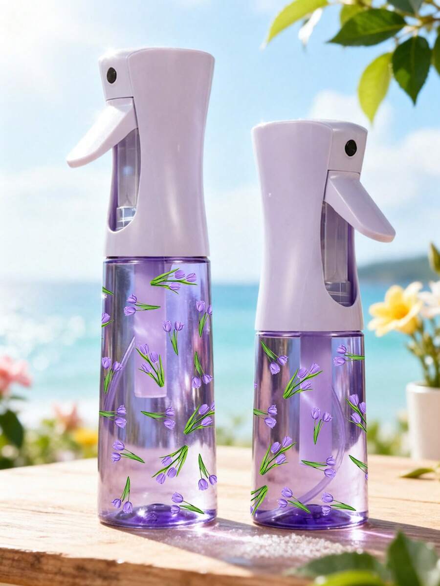 New Purple Tulip Pattern PET Refillable Travel Spray Bottle, Professional High Pressure Airless Atomizing Spray Bottle, 200ml/300ml High Pressure Continuous Airless Atomizing Spray, Hair Styling Tool Accessory, Hair Salon Travel Essential - Multicolor - View 1
