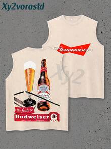 "King Of Beer"Y2K Style Streetwear Men's Tank Top (220g Pure Cotton), Hip-Hop Cyberpunk Style Sleeveless Double-Side Printed Graphic T Shirts, Vintage Pattern Fun Print, Hip-Hop Style, Men's Summer Round Neck Short-Sleeved Casual T-Shirt For The Beach, Summer Streetwear. Holiday Gift. - 杏色 - 查看 1